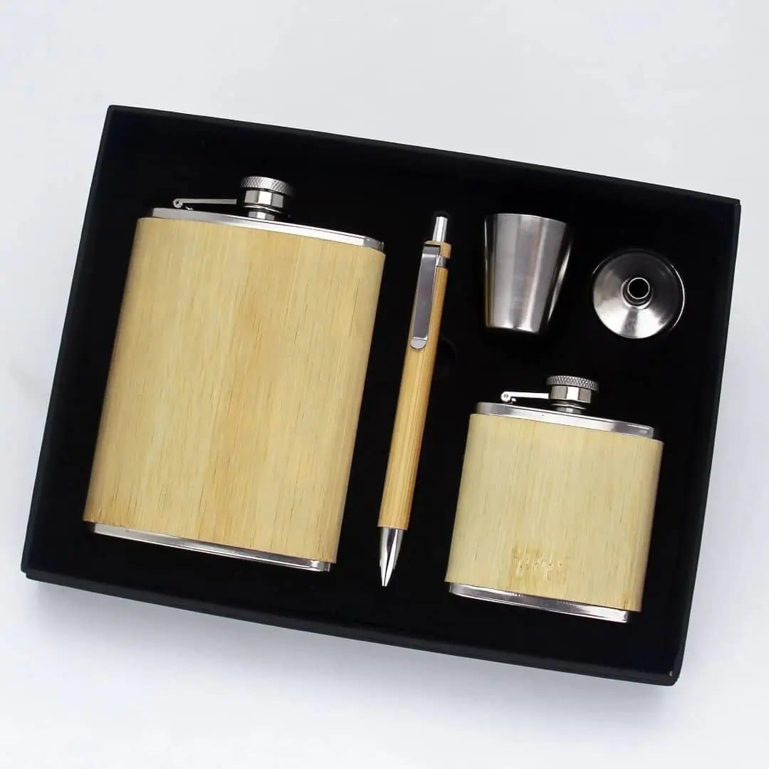 8oz stainless steel 5in1  Bamboo hip flask set with funnel and gift box