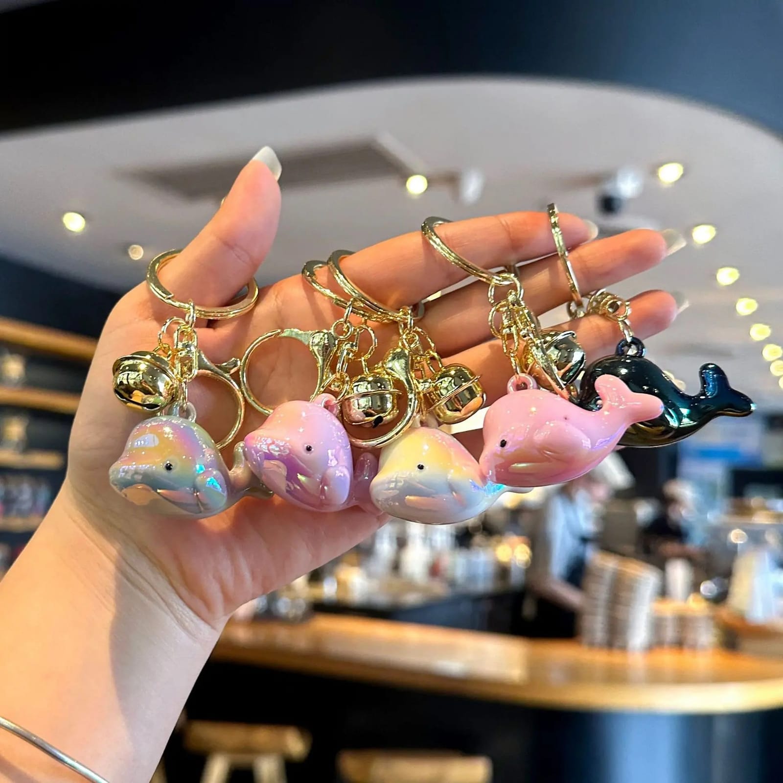 Creative electroplated iridescent dolphin acrylic keychain pendant, cute color-changing bell, colorful student backpack pendant 2